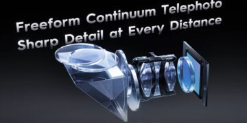 رندر سه بعدی ماژول لنز تله‌فوتو زوم پیوسته سامسونگ با اجزای اپتیکال داخلی.