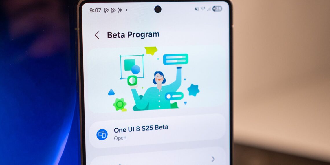 نمای نزدیک از صفحه نمایش گوشی سامسونگ که جزئیات ثبت‌نام در برنامه بتای One UI 8 را نمایش می‌دهد.