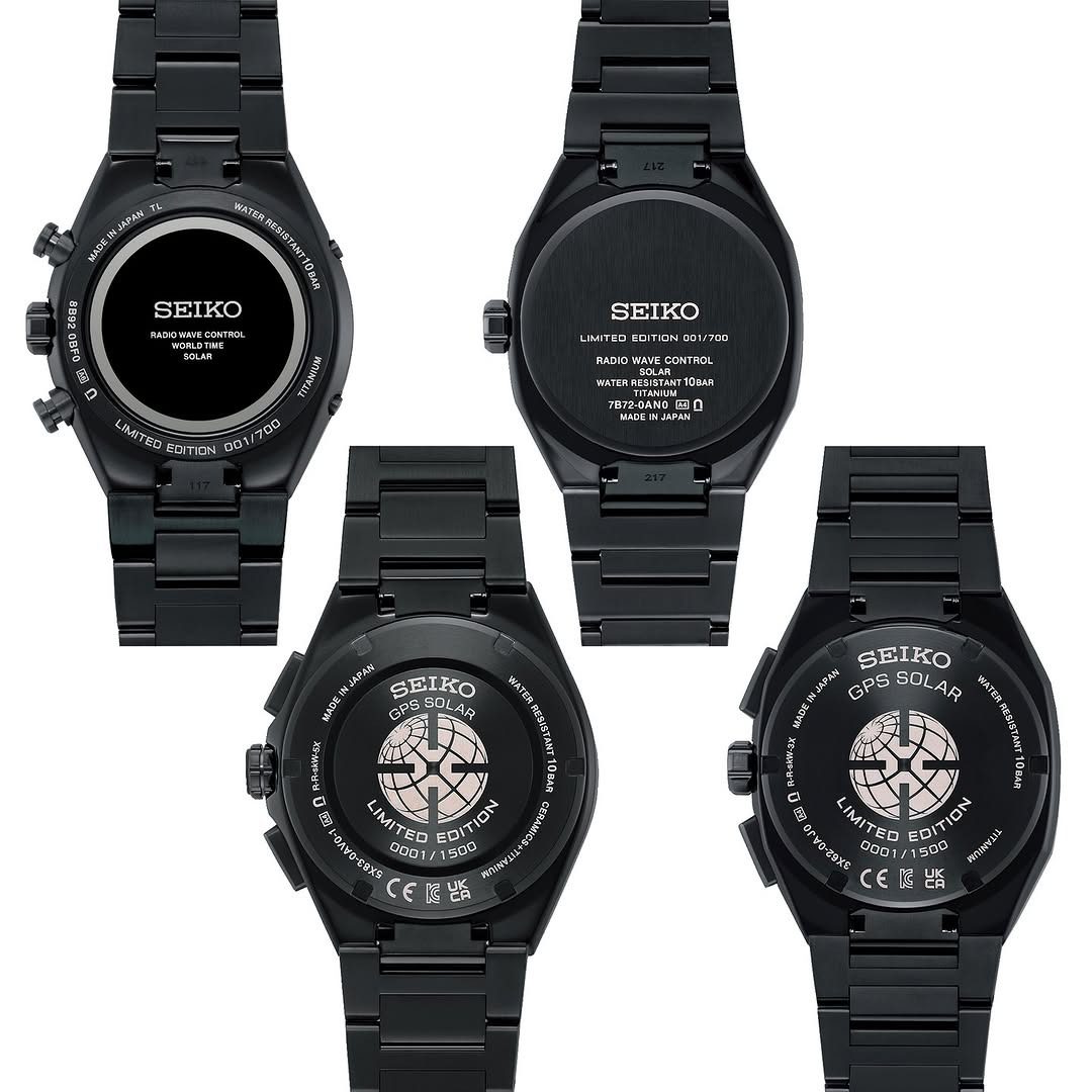 نمای پشت قاب سه ساعت مچی سیکو که جزئیات حکاکیشده و عبارت "Limited Edition" را نشان میدهد.