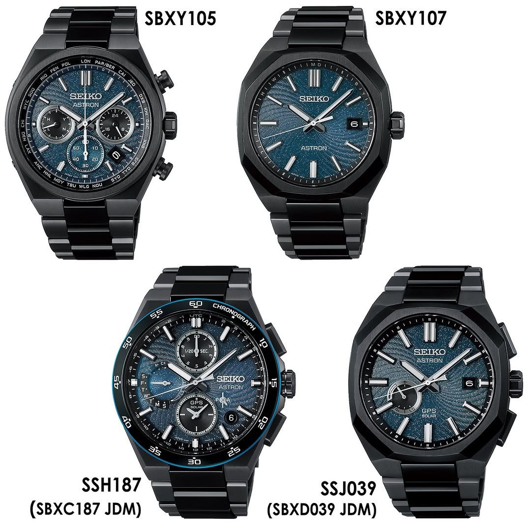 چهار تا از ساعتهای مچی سیکو مدل Astron با صفحه آبی طرحدار و پسزمینه کهکشانی.