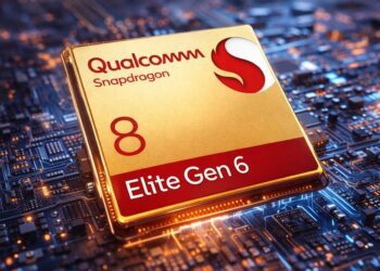 رندر گرافیکی تراشه Qualcomm Snapdragon 8 Elite Gen 6 با طراحی طلایی، قرارگرفته روی برد مدار چاپی با نورپردازی دیجیتال