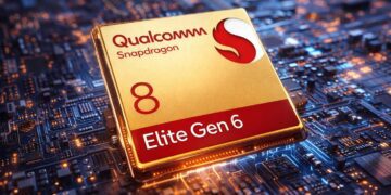 رندر گرافیکی تراشه Qualcomm Snapdragon 8 Elite Gen 6 با طراحی طلایی، قرارگرفته روی برد مدار چاپی با نورپردازی دیجیتال