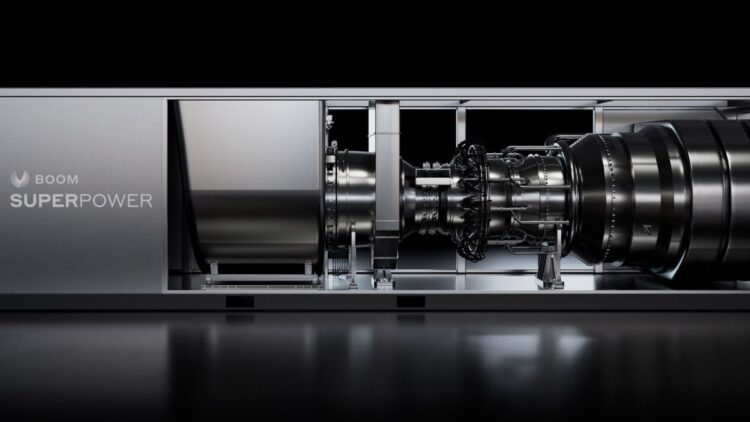 تصویر گرافیکی از توربین "Superpower" در یک محیط صنعتی که ساختار داخلی موتور آن قابل مشاهده است.