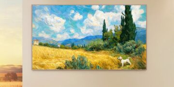 تلویزیون هنری TCL که نقاشی رنگ روغن از مزرعه گندم و یک سگ سفید را نمایش میدهد.