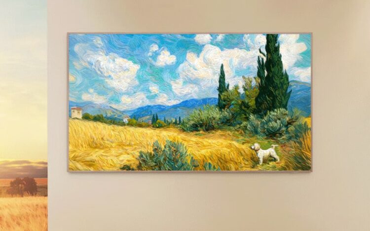 تلویزیون هنری TCL که نقاشی رنگ روغن از مزرعه گندم و یک سگ سفید را نمایش میدهد.