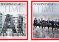 دو کاور مجله تایم با عنوان Person of the Year: Architects of AI؛ کاور اول شامل ساختار فلزی عظیم در شکل حروف AI با جزئیات صنعتی و مهندسی، و کاور دوم نمایش گروهی از رهبران صنعت هوش مصنوعی نشسته روی تیر فلزی بر فراز شهر