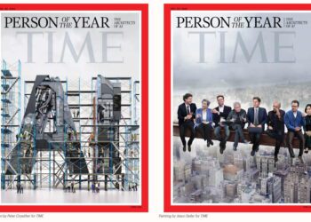 دو کاور مجله تایم با عنوان Person of the Year: Architects of AI؛ کاور اول شامل ساختار فلزی عظیم در شکل حروف AI با جزئیات صنعتی و مهندسی، و کاور دوم نمایش گروهی از رهبران صنعت هوش مصنوعی نشسته روی تیر فلزی بر فراز شهر