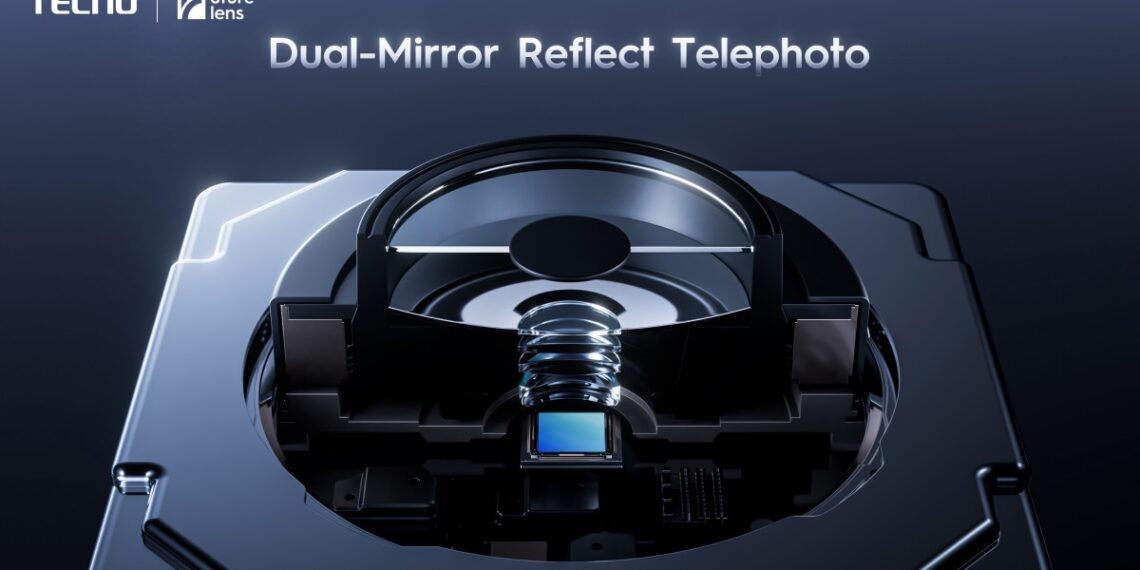 نمای برش‌خورده از مکانیزم لنز تله‌فوتو با بازتاب دو آینه‌ای شرکت تکنو.