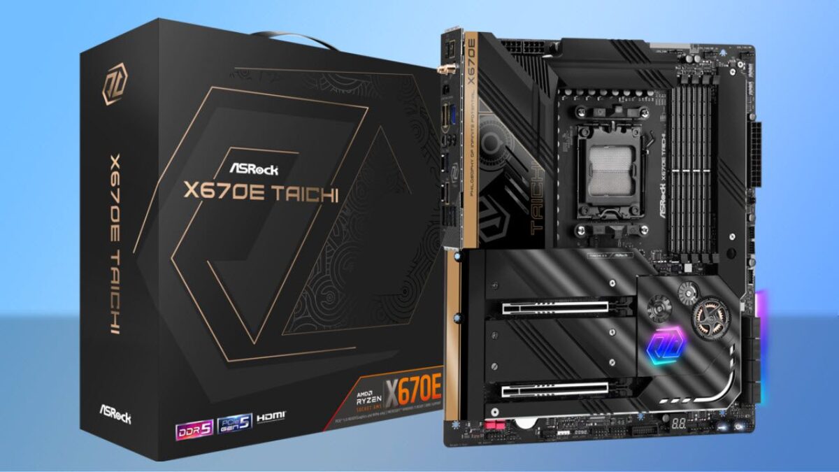 یک جعبه خرده‌فروشی مادربرد ASRock X670E Taichi در کنار خود مادربرد.