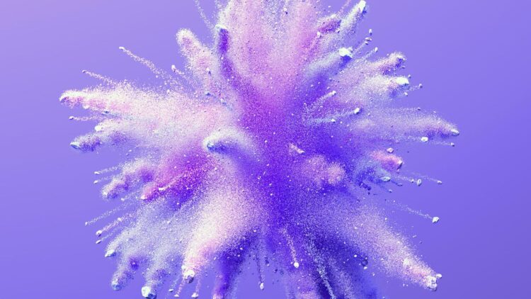طرحی انتزاعی از انفجار پودر یا ذرات ریز به رنگهای بنفش و سفید.