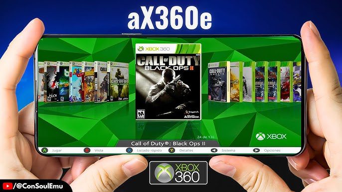 صفحه گوشی موبایل در حال اجرای شبیهساز aX360e و نمایش مجموعهای از بازیهای ایکسباکس ۳۶۰.