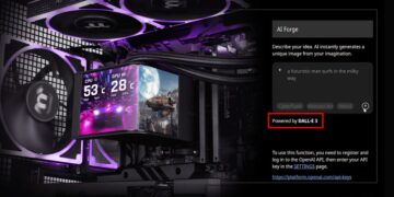 نمای نزدیک از سیستم گیمینگ که نشان می‌دهد قابلیت تولید تصویر نمایشگر آن توسط هوش مصنوعی DALL-E 3 پشتیبانی می‌شود.