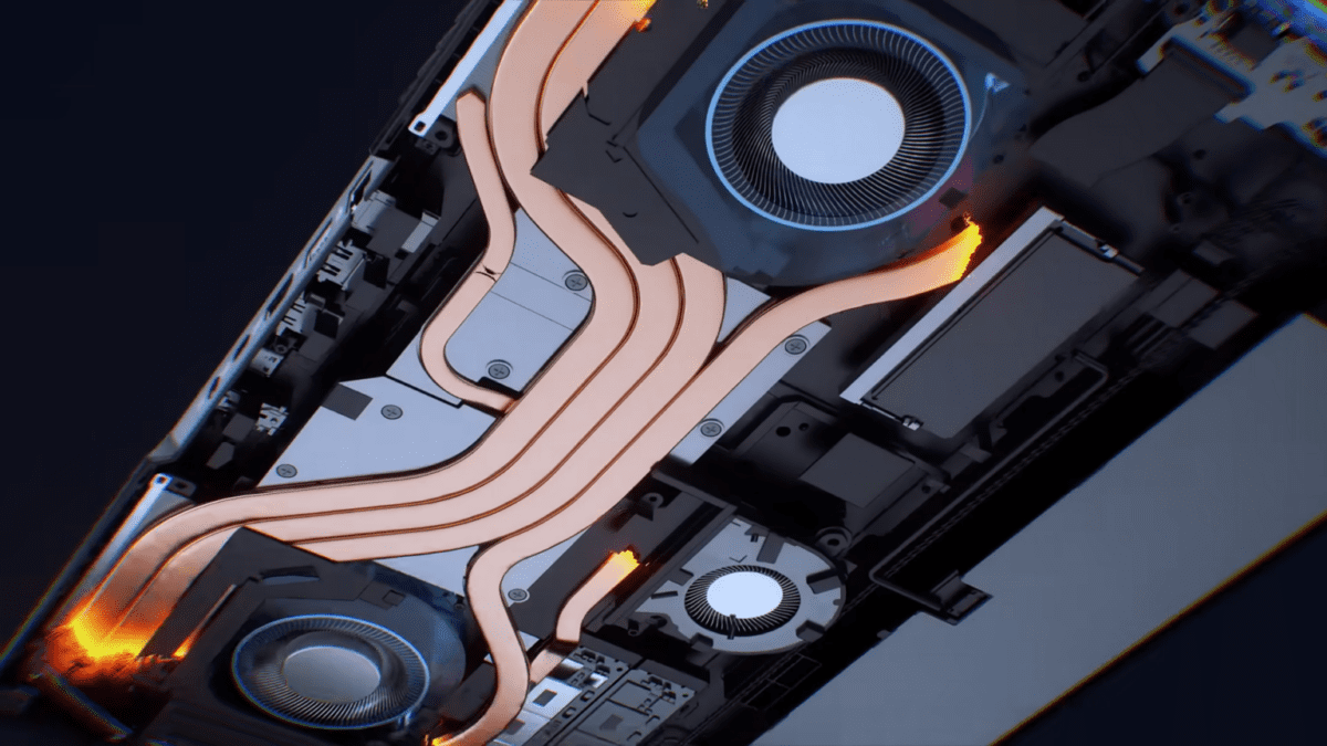 سیستم خنککننده داخلی لپتاپ شامل لولههای حرارتی مسی ضخیم و فنهای دوگانه.