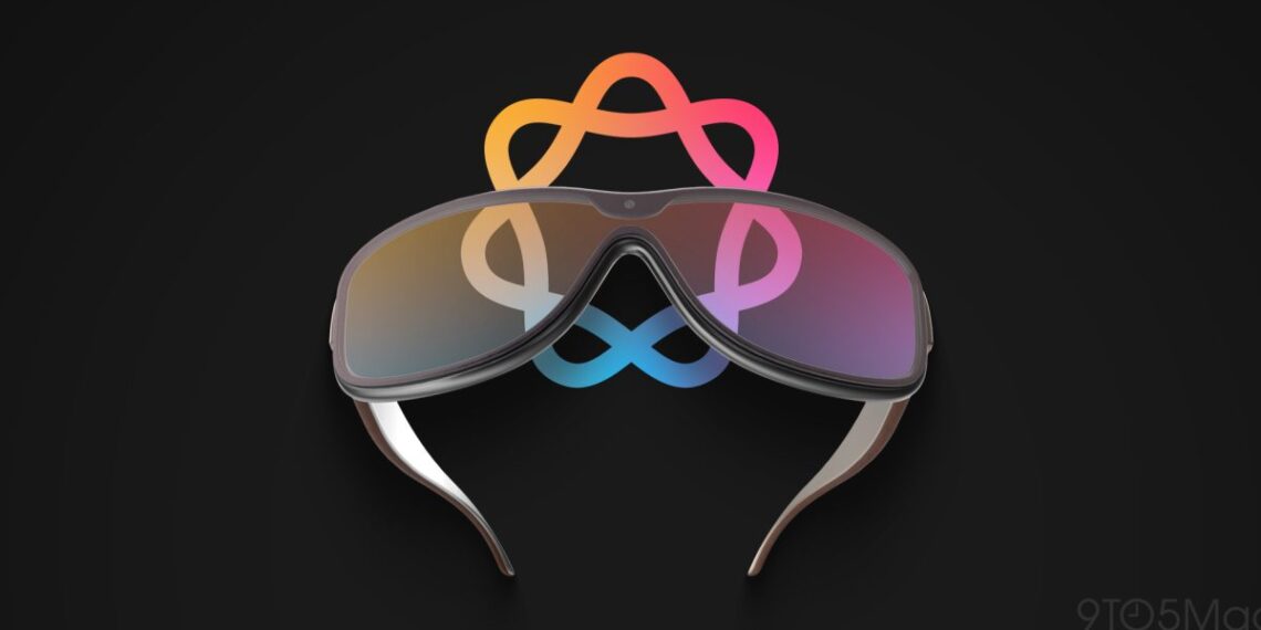 طرحی مفهومی از عینک هوشمند تیره اپل با یک لوگوی دایره‌ای رنگارنگ در پس‌زمینه مشکی.