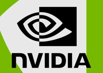 لوگوی چشمشکل شرکت انویدیا (Nvidia) روی پسزمینه سبز و سفید.