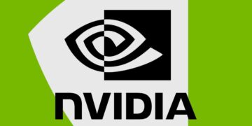 لوگوی چشم‌شکل شرکت انویدیا (Nvidia) روی پس‌زمینه سبز و سفید.