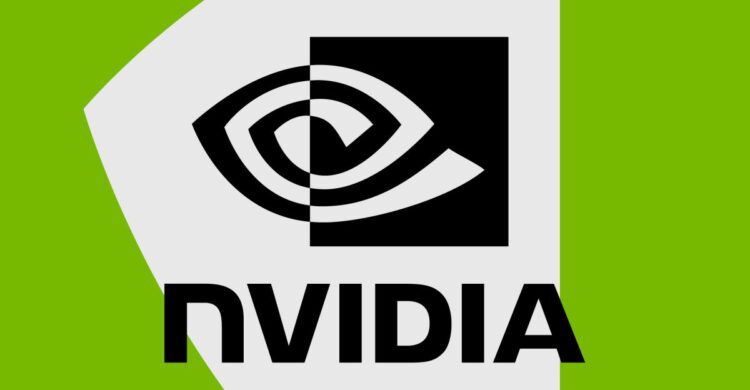 لوگوی چشمشکل شرکت انویدیا (Nvidia) روی پسزمینه سبز و سفید.