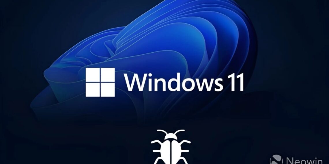 لوگوی گرافیکی ویندوز ۱۱ که در زیر آن آیکون سفید یک حشره (نشان‌دهنده باگ نرم‌افزاری) قرار دارد.