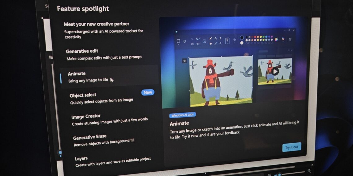 پنجره Feature spotlight در ویندوز که ویژگی‌های جدید هوش مصنوعی مانند Animate و Generative edit را لیست کرده است.