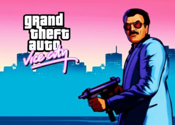 پوستر رسمی Grand Theft Auto: Vice City با لوگوی بازی، پس‌زمینه گرادینتی صورتی و آبی، سیلوئت شهر ساحلی و کاراکتر مسلح در سبک گرافیکی کلاسیک، نماد هویت بصری و حال‌و‌هوای جنایی سری GTA