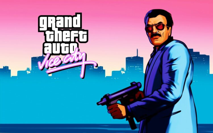 پوستر رسمی Grand Theft Auto: Vice City با لوگوی بازی، پس‌زمینه گرادینتی صورتی و آبی، سیلوئت شهر ساحلی و کاراکتر مسلح در سبک گرافیکی کلاسیک، نماد هویت بصری و حال‌و‌هوای جنایی سری GTA