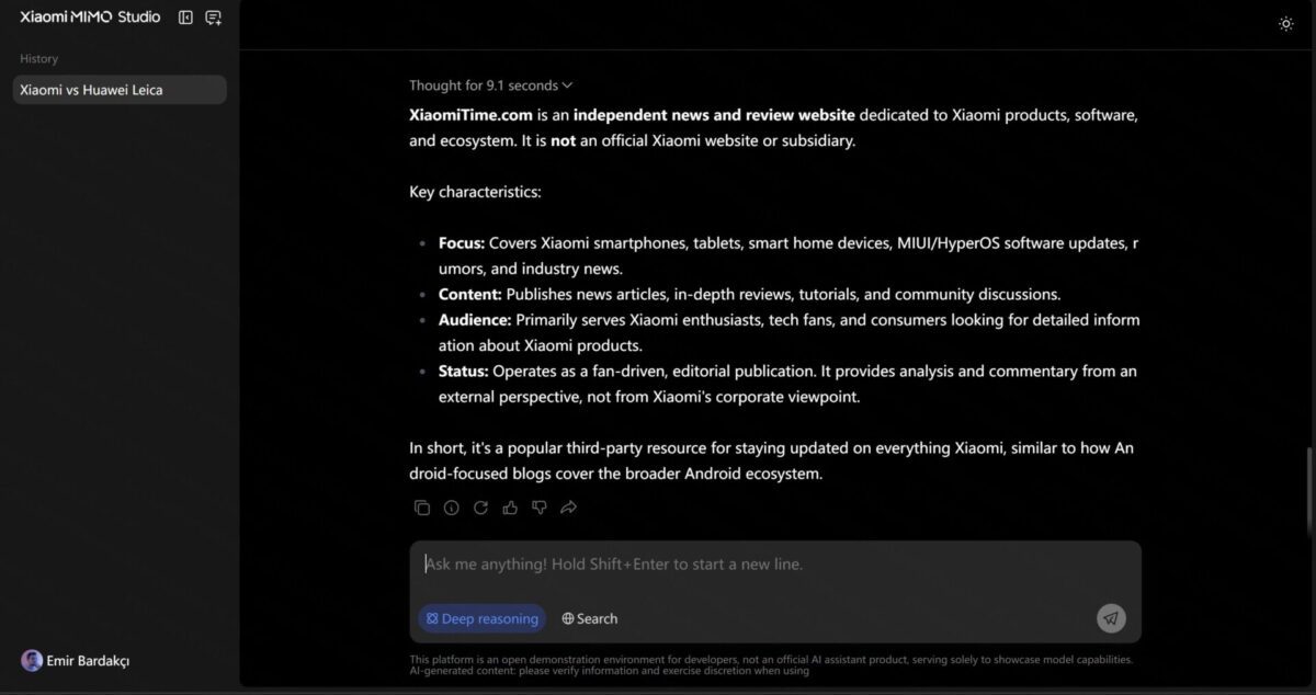 اسکرینشات از محیط چت هوش مصنوعی Xiaomi MiMo Studio با توضیحات متنی.