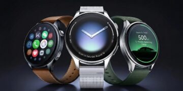 تصویر تبلیغاتی از سه مدل مختلف ساعت هوشمند شیائومی با بندهای چرمی، فلزی و پارچه‌ای که تنوع طراحی این برند را نشان می‌دهد.