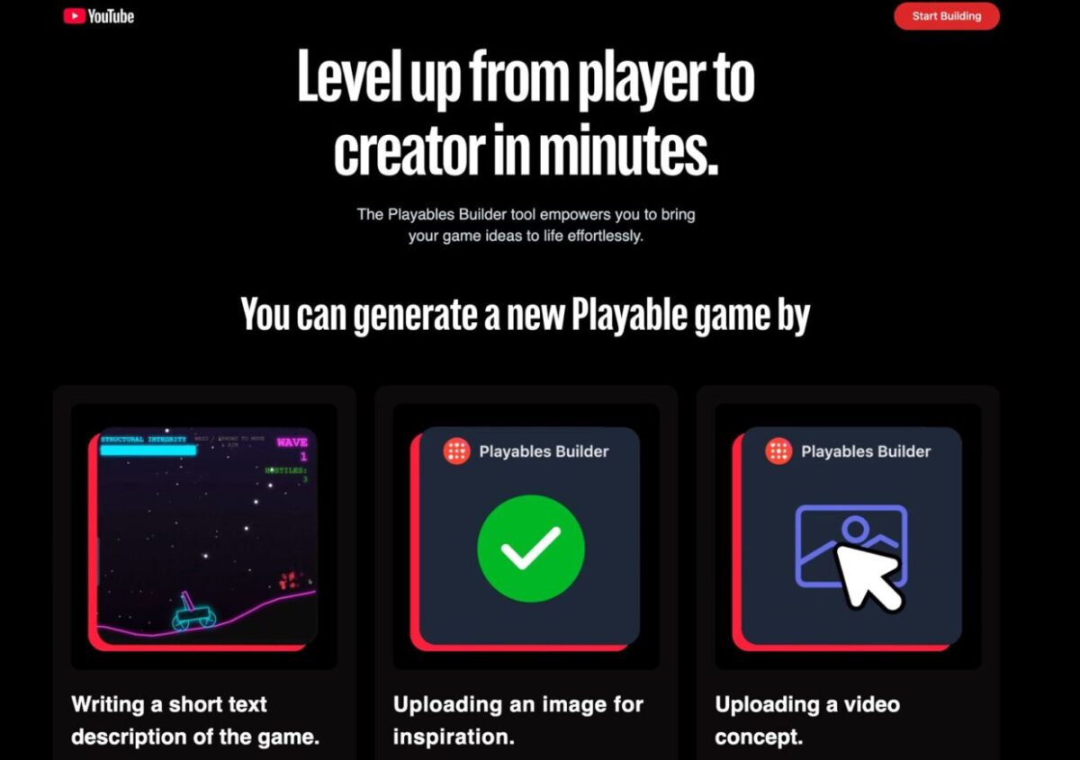 صفحه معرفی ابزار YouTube Playables Builder با توضیح ساخت بازی‌های Playable در چند دقیقه، نمایش مراحل تولید شامل توضیح متنی، بارگذاری تصویر و ویدیو