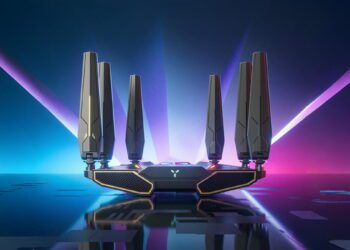 نمای استودیویی روتر ZTE WenTian BE7200 Max Wi‑Fi 7 با طراحی گیمینگ، ۸ آنتن قدرتمند، بدنه زاویه‌دار و نورپردازی RGB روی پس‌زمینه نئونی آبی و بنفش