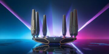 نمای استودیویی روتر ZTE WenTian BE7200 Max Wi‑Fi 7 با طراحی گیمینگ، ۸ آنتن قدرتمند، بدنه زاویهدار و نورپردازی RGB روی پسزمینه نئونی آبی و بنفش