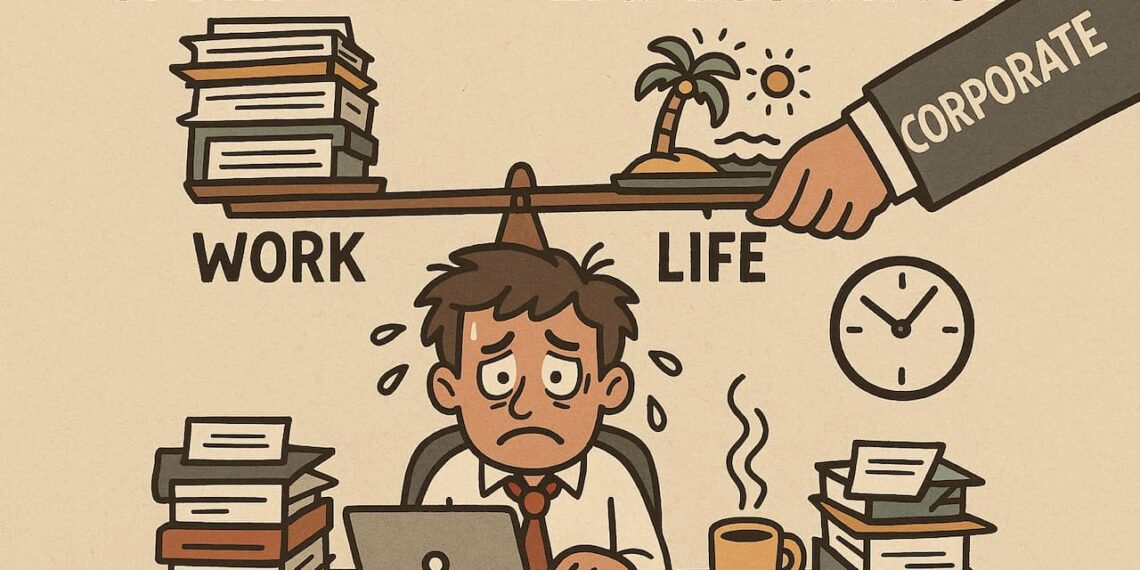 کاریکاتور انتقادی با موضوع استثمار کارمندان و عدم تعادل بین فشار کاری و زندگی شخصی.