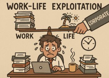 کاریکاتور انتقادی با موضوع استثمار کارمندان و عدم تعادل بین فشار کاری و زندگی شخصی.