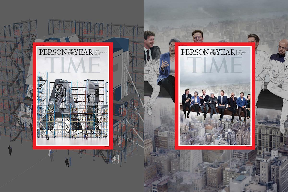 ترکیب دو کاور Person of the Year مجله تایم با تمرکز بر حروف AI در داربستهای صنعتی و تصویر گروهی از متخصصان هوش مصنوعی روی تیر فلزی، قرارگرفته روی پسزمینهای از طرحهای اولیه و اسکچهای هنری