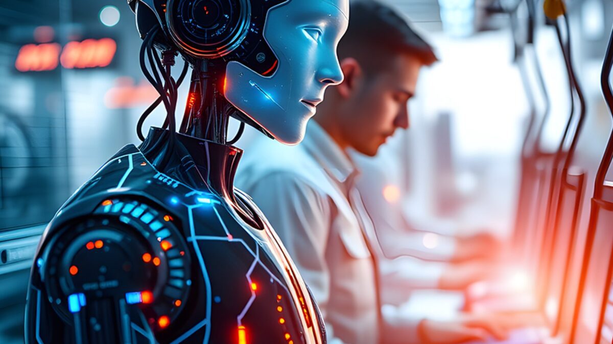 تصویر هنری از یک ربات انسان‌نما در حال کار با کامپیوتر در کنار یک اپراتور انسانی.