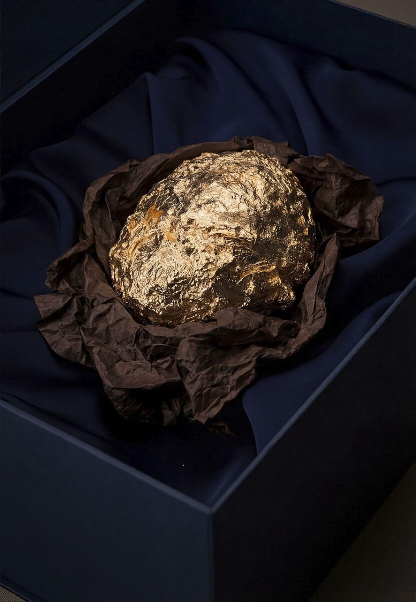 تخم‌مرغ شکلاتی پوشیده‌شده با ورق طلای خوراکی که درون یک جعبه لوکس با آستر تیره قرار دارد