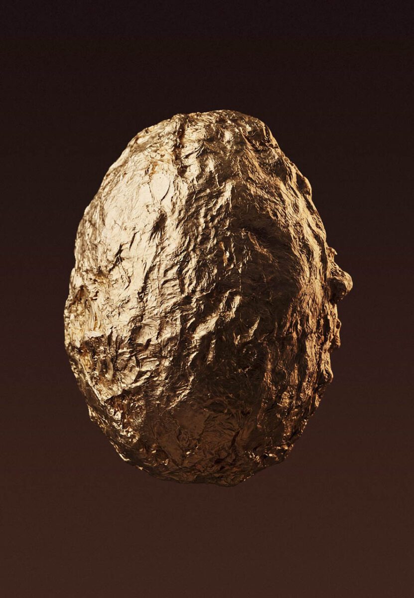 نمای جداگانه از تخم‌مرغ شکلاتی با پوشش طلایی که به‌عنوان بخش اصلی مجموعه لوکس Billionaire’s Surprise کاویار نمایش داده می‌شود