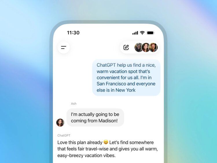 رابط کاربری چت در موبایل که مکالمه گروهی با حضور ChatGPT را نشان می‌دهد.