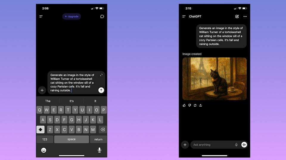 دو اسکرین‌شات از محیط موبایل ChatGPT؛ نوشتن دستور متنی (چپ) و تصویر تولید شده از گربه (راست).