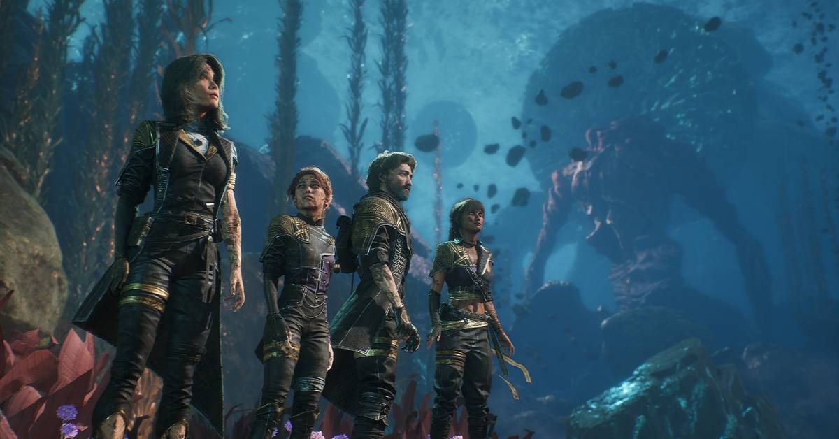 نمای گروه کاوش Expedition 33 در دنیای فانتزی Clair Obscur، با پوششهای ماجرایی و تجهیزات رزمی، در محیطی زیرآبیمانند با سازههای عظیم ارگانیک و نورپردازی سینمایی