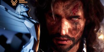 تصویر رسمی معرفی بازی Clair Obscur: Expedition 33 در رویداد The Game Awards، با مجسمه نمادین TGA در پیشزمینه و فضای تاریک دراماتیک پسزمینه