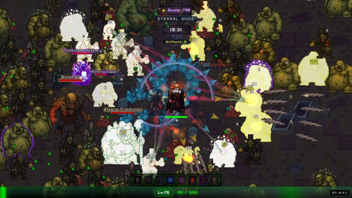 نمایی از گیمپلی بازی اکشن نقشآفرینی Codex Mortis با زاویه دید از بالا، شامل مبارزه همزمان با موجی از دشمنان، افکتهای جادویی چندرنگ، شمارش آسیب و رابط کاربری پیشرفته در حالت Eternal Mode