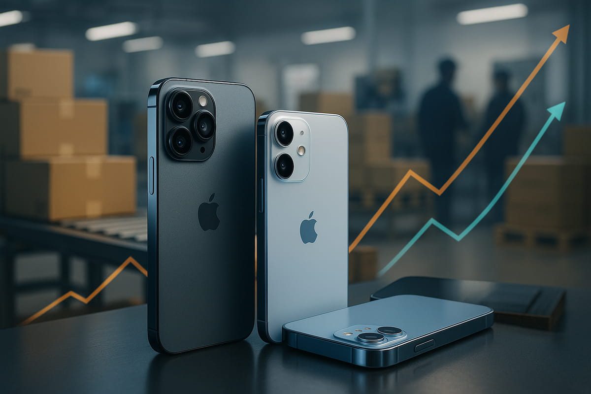 نمایی مفهومی از گوشی های هوشمند در محیط زنجیره تامین، همراه با نمودار صعودی قیمت، با تمرکز بر افزایش هزینه تولید ناشی از رشد قیمت حافظه DRAM