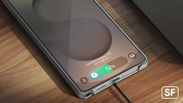 نمای نزدیک از پایین یک گوشی سامسونگ در حال شارژ وایرلس با نمایش درصد باتری ۵۲ درصد روی صفحه.
