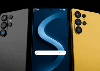 سه گوشی سامسونگ گلکسی S26 اولترا در رنگ‌های مشکی و زرد با نمایشگر روشن و ماژول دوربین چندگانه روی پس‌زمینه مشکی