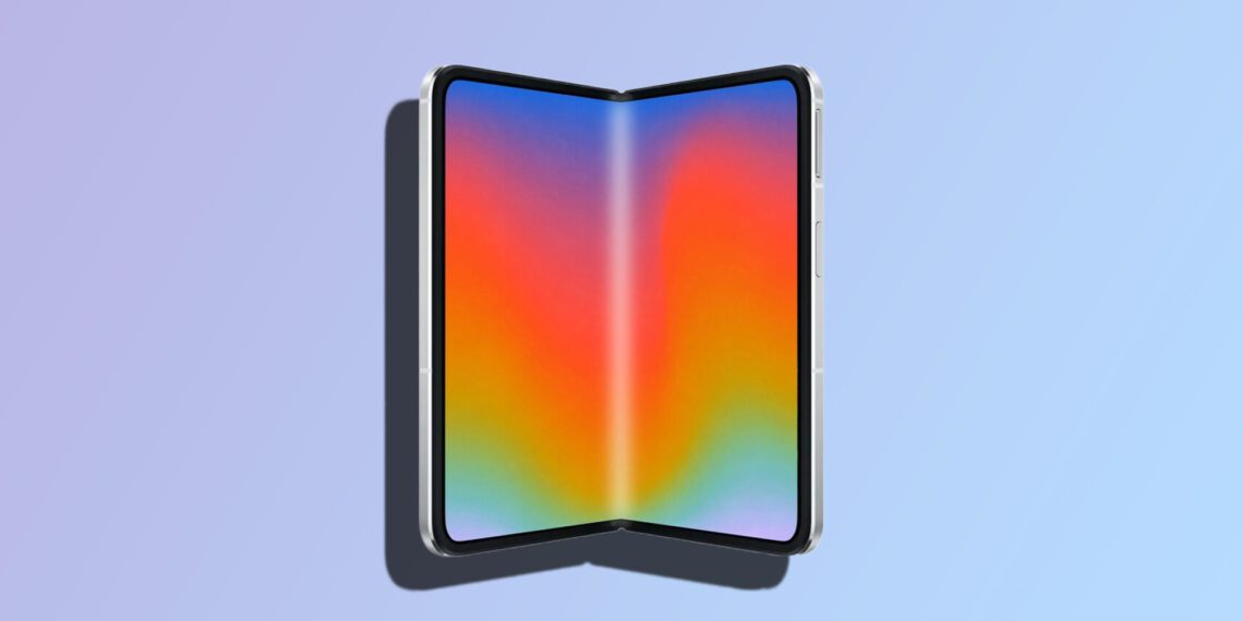 طرح مفهومی (Concept Art) از یک آیفون تاشو با نمایشگر منعطف و رنگارنگ.