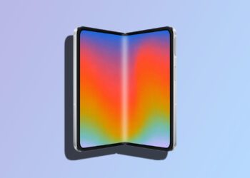 طرح مفهومی (Concept Art) از یک آیفون تاشو با نمایشگر منعطف و رنگارنگ.