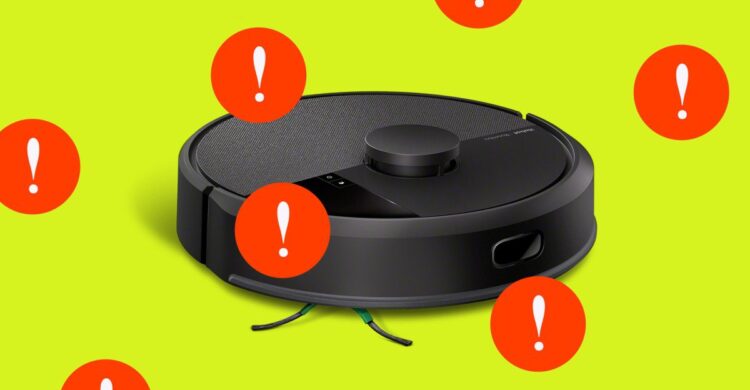 یک جاروبرقی رباتیک در پسزمینه سبز که با دایرههای قرمز و علامت تعجب احاطه شده است.
