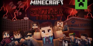 تصویر تبلیغاتی کراساور Minecraft x Stranger Things با سبک بلاکی ماینکرفت، نمایش موجودات فانتزی، فضای تاریک الهامگرفته از دنیای Upside Down و لوگوهای Minecraft و Stranger Things