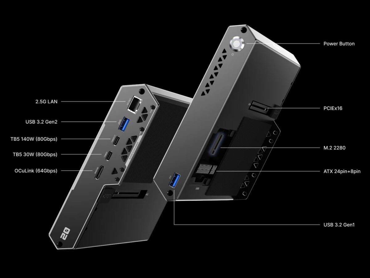 نمای نزدیک از پورت‌های داک گرافیک شامل Thunderbolt 5، OCuLink، USB 3.2 و درگاه LAN.