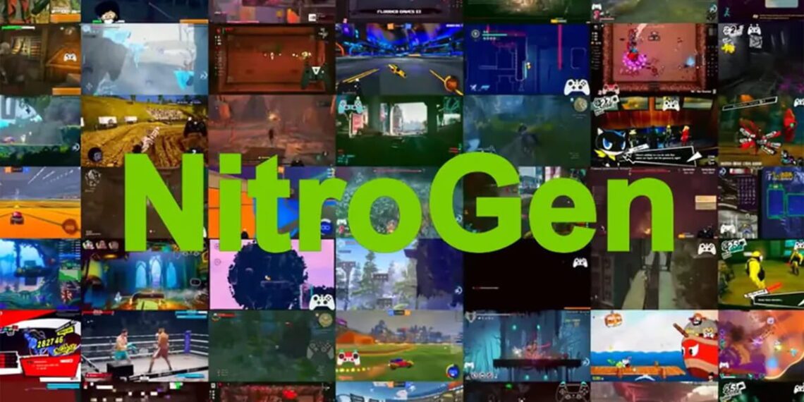 تصویرسازی مفهومی پروژه NitroGen با نمایش نام NitroGen به رنگ سبز روی کولاژی از نماهای گیم‌پلی متنوع از بازی‌های مختلف، همراه با آیکون‌های کنترلر، نماد استفاده از هوش مصنوعی برای یادگیری و اجرای اکشن در چندین بازی و ژانر مختلف